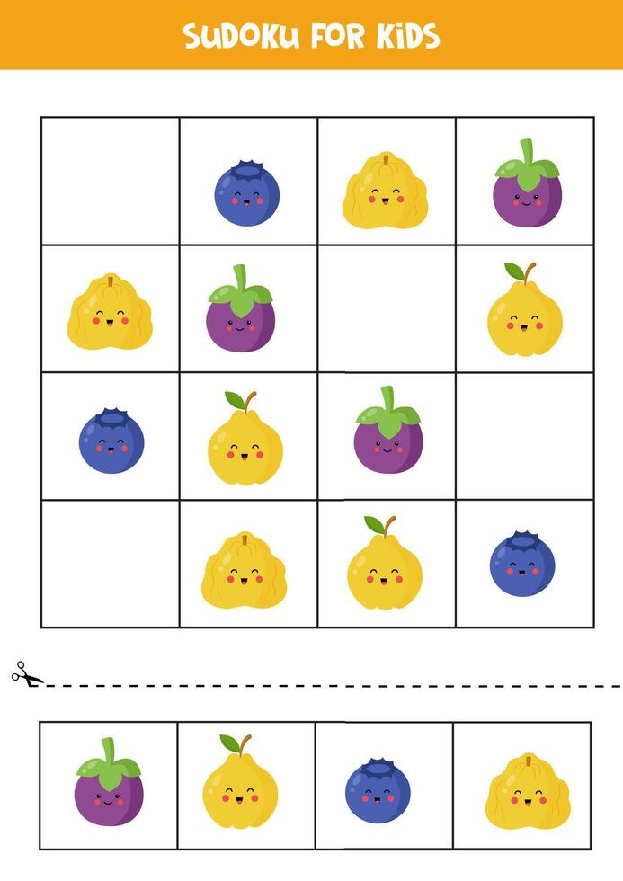 educativo sudoku juego con linda dibujos animados frutas vector