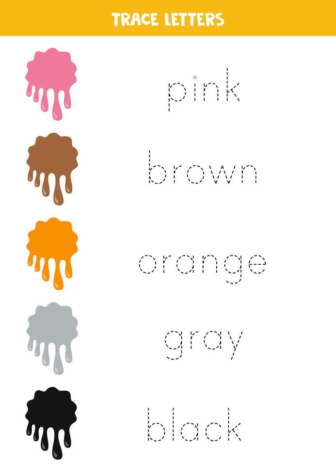 Tracing names of colors with paint blobs. Writing practice. vector