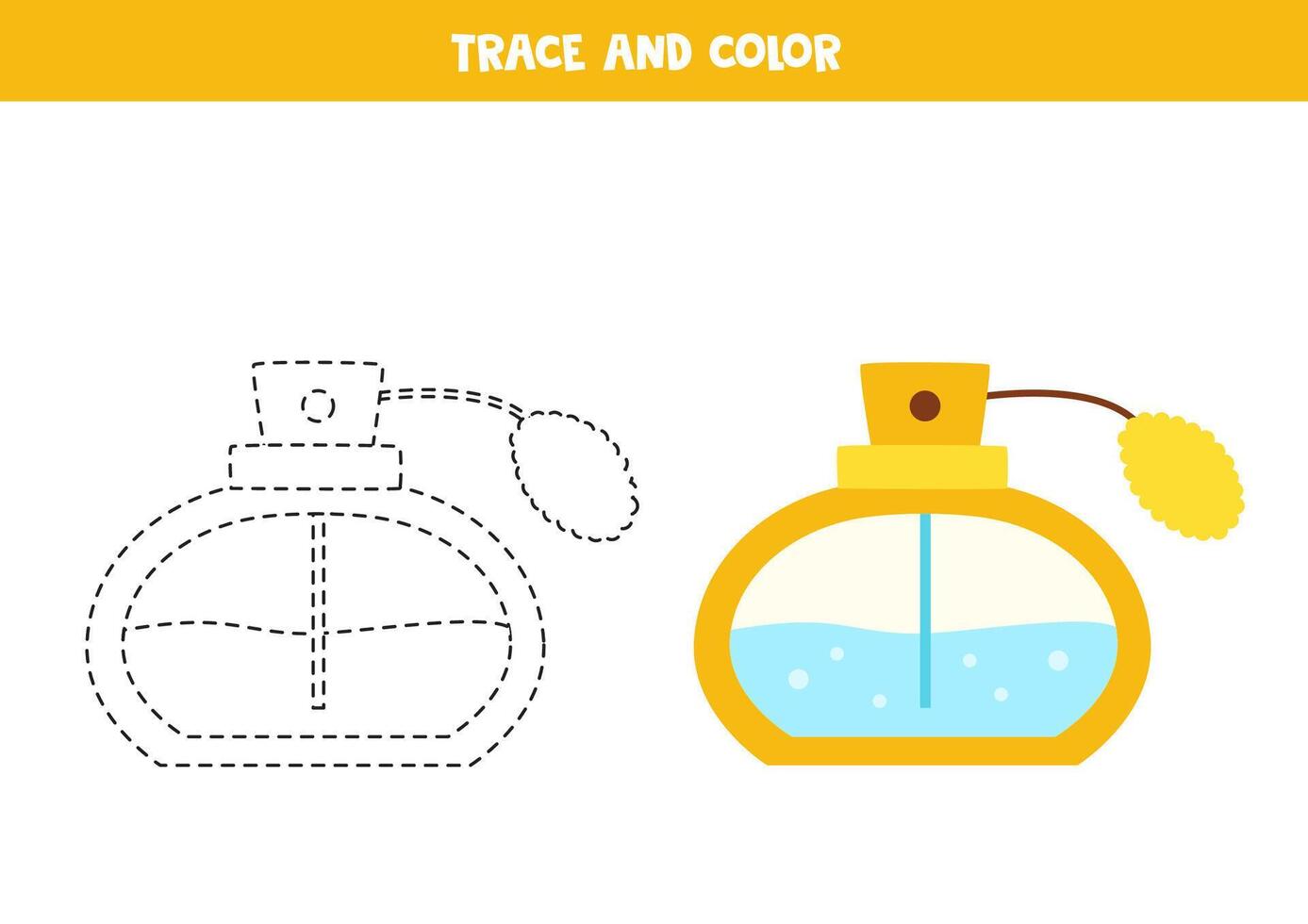Trace and color cartoon perfume. Printable worksheet for children. vector