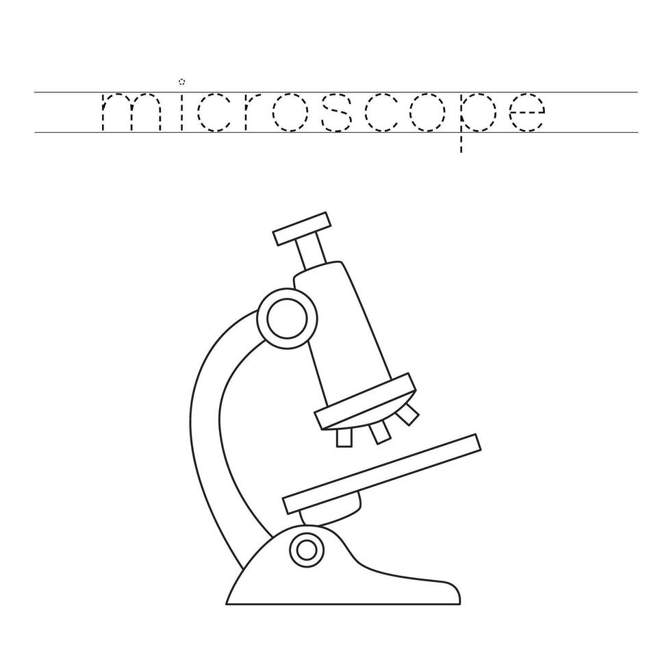 Trace the letters and color cartoon microscope. Handwriting practice for kids. vector