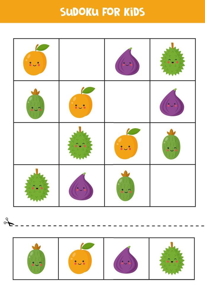 Educational Sudoku game with cute cartoon fruits. vector