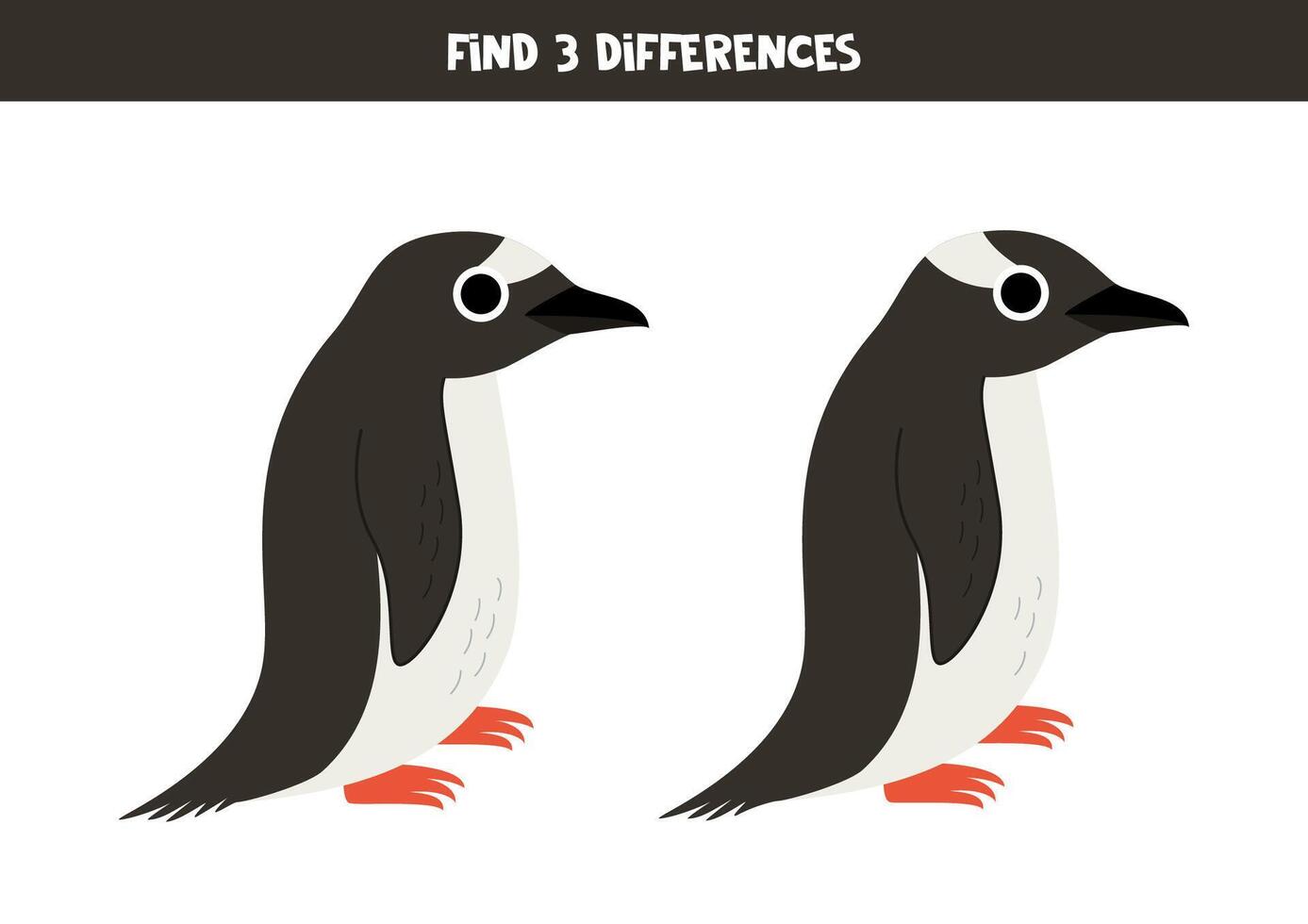 Find 3 differences between two cute cartoon gentoo penguins. vector