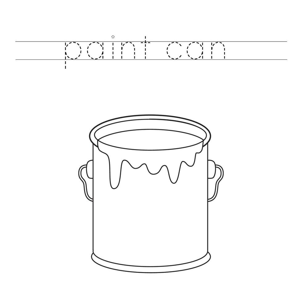 Trace the letters and color cartoon paint can. Handwriting practice for kids. vector
