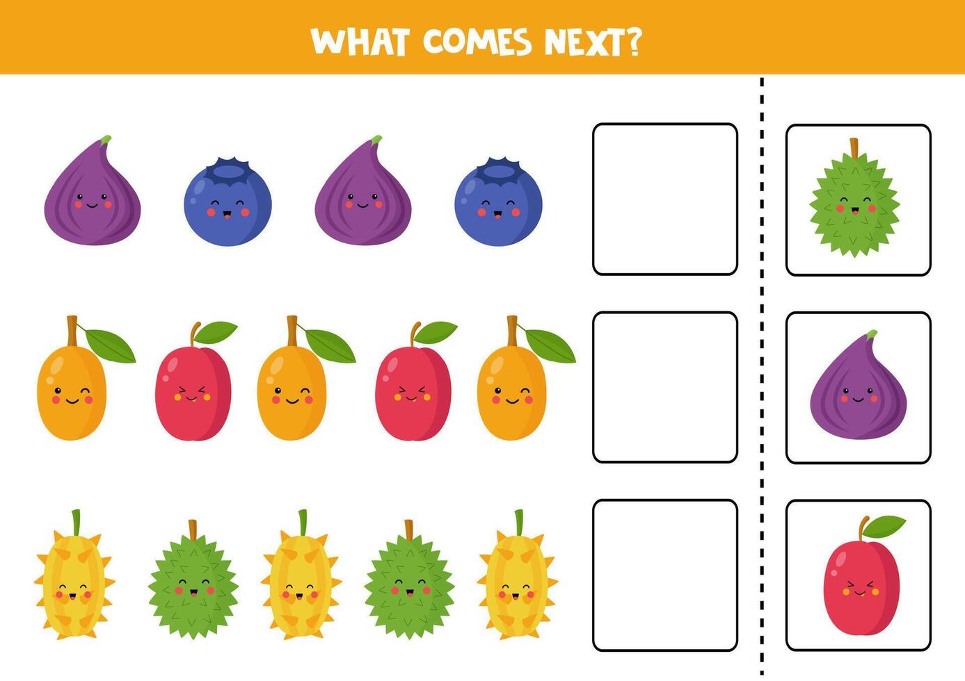 qué viene siguiente juego con linda dibujos animados frutas vector