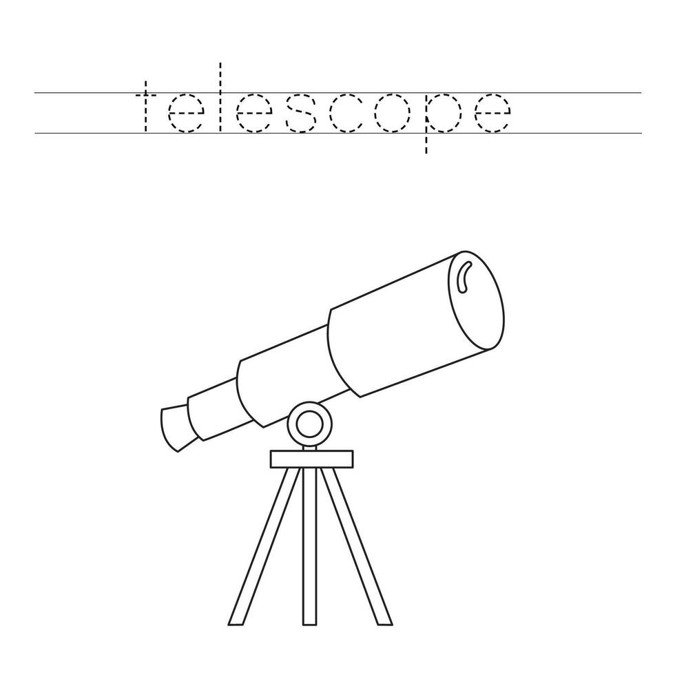 Trace the letters and color cartoon telescope. Handwriting practice for kids. vector