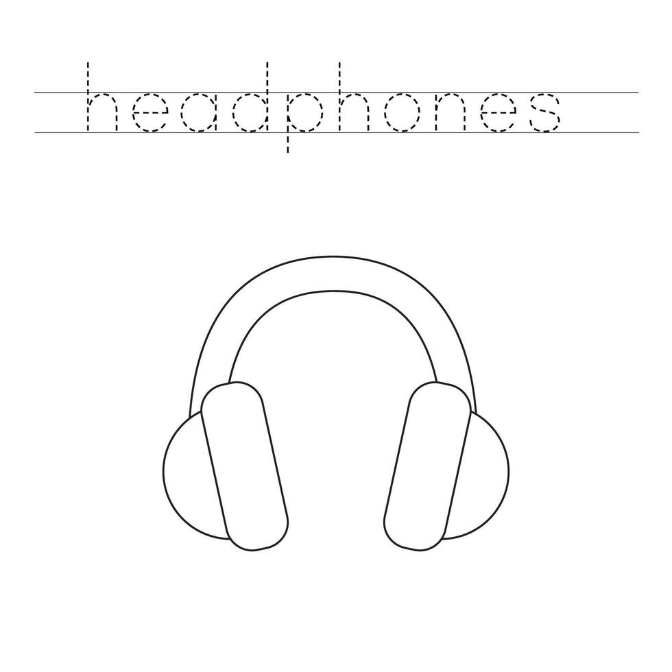 Trace the letters and color cartoon headphones. Handwriting practice for kids. vector