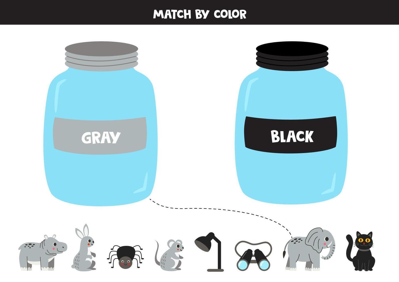 Color Matching game for kids. Learning basic colors. Sort objects by color. Gray or black. vector