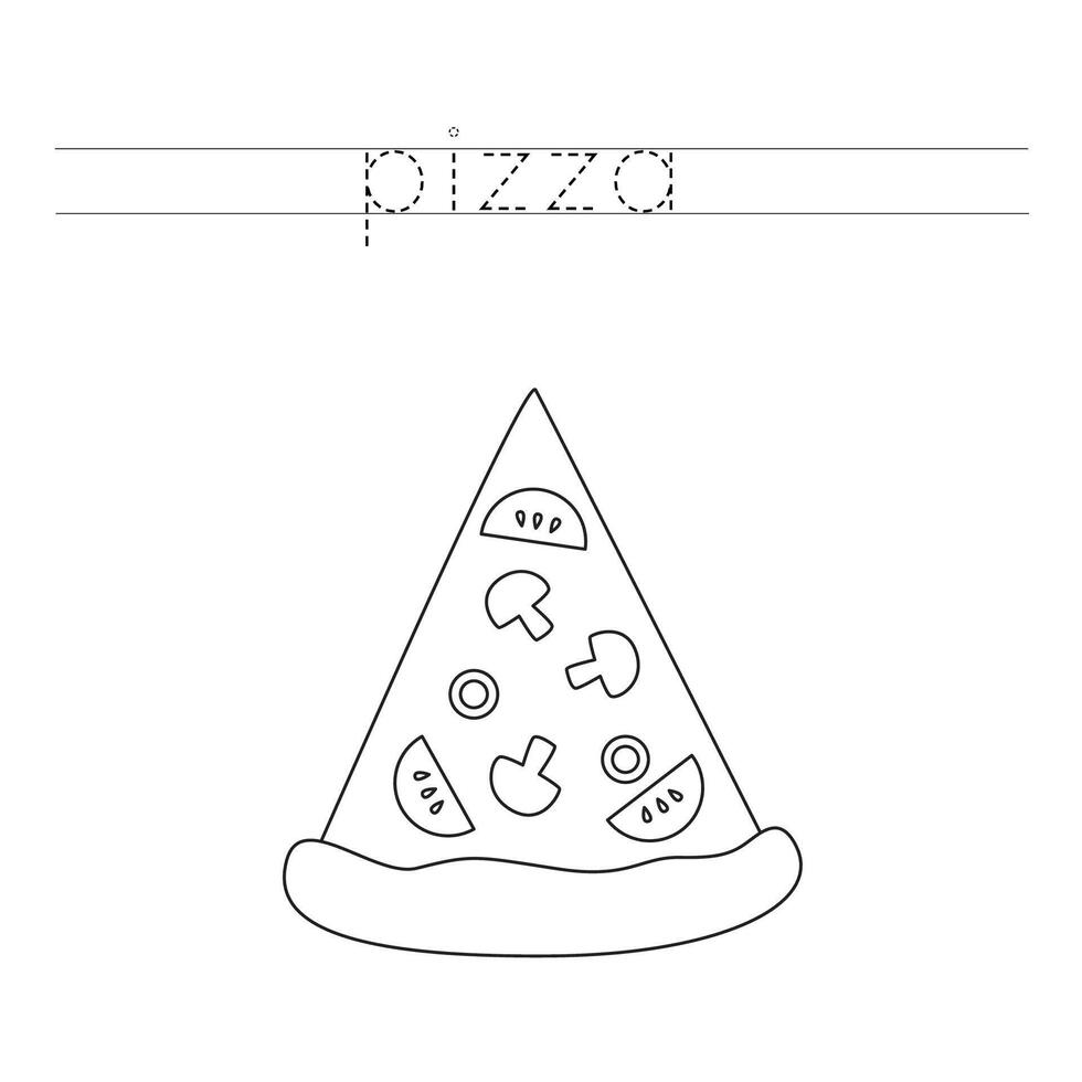 Trace the letters and color cartoon pizza slice. Handwriting practice for kids. vector