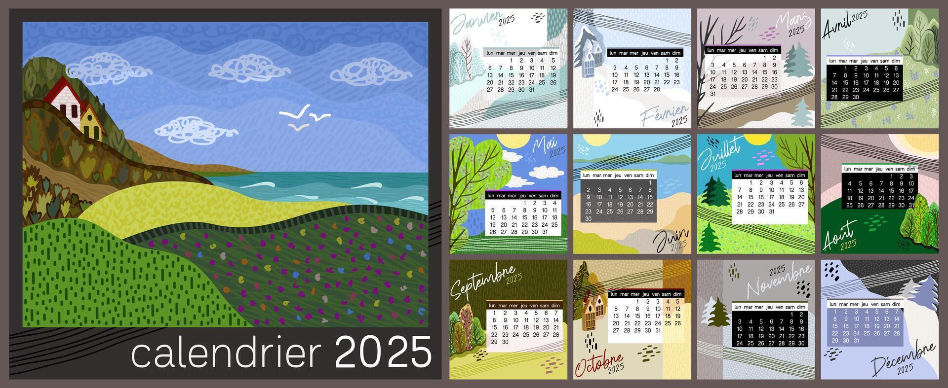 Calendar 2025 in french language. Colorful monthly calendar with various landscapes. vector