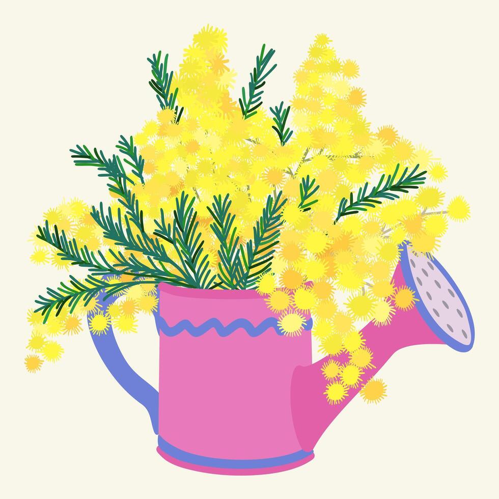 Mimosa branch in watering can. Bright floral vector isolated illustration
