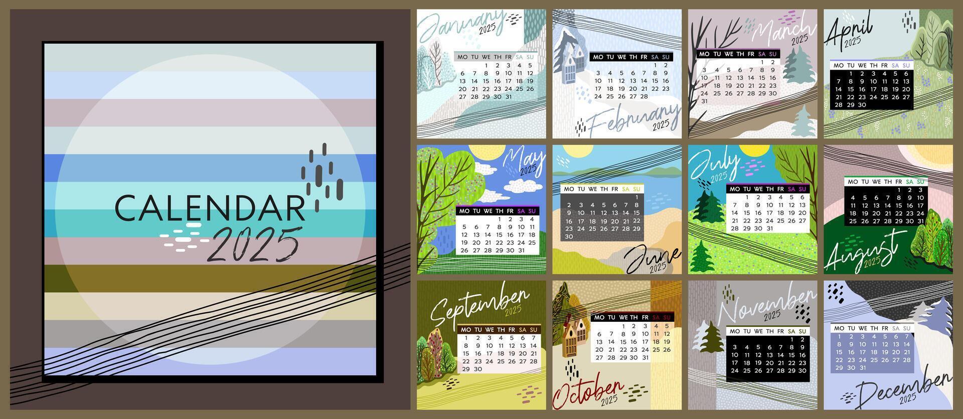 Calendar 2025. Colorful monthly calendar with various landscapes. Week starts on Monday. vector