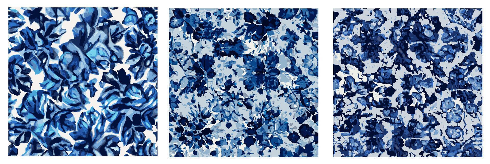 Vector set of three seamless floral patterns. Blue and white colors