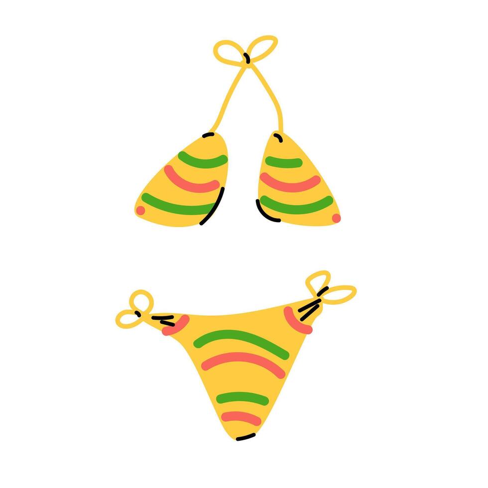 Summer yellow bikini wear vector icon with red, green stripes.
