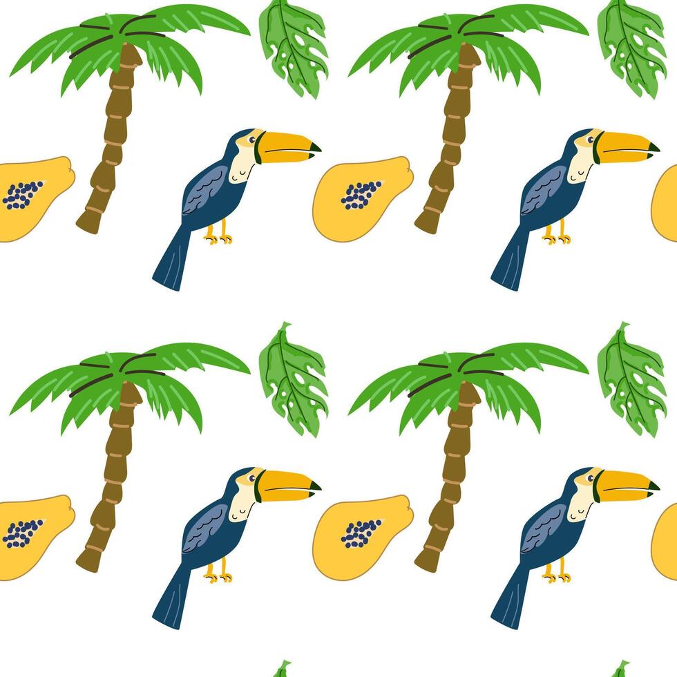 Summer tropical bird toucan and palm, fruit papaya seamless pattern vector