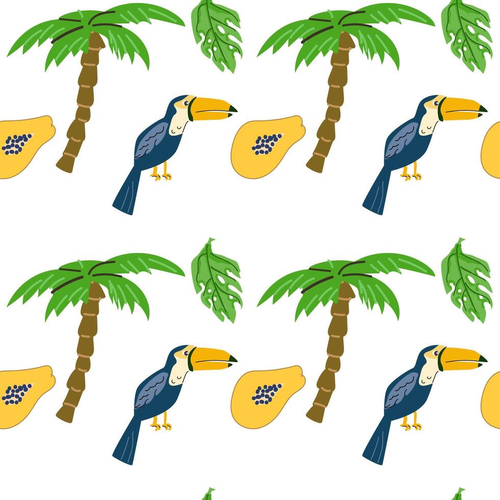 Summer tropical bird toucan and palm, fruit papaya seamless pattern vector