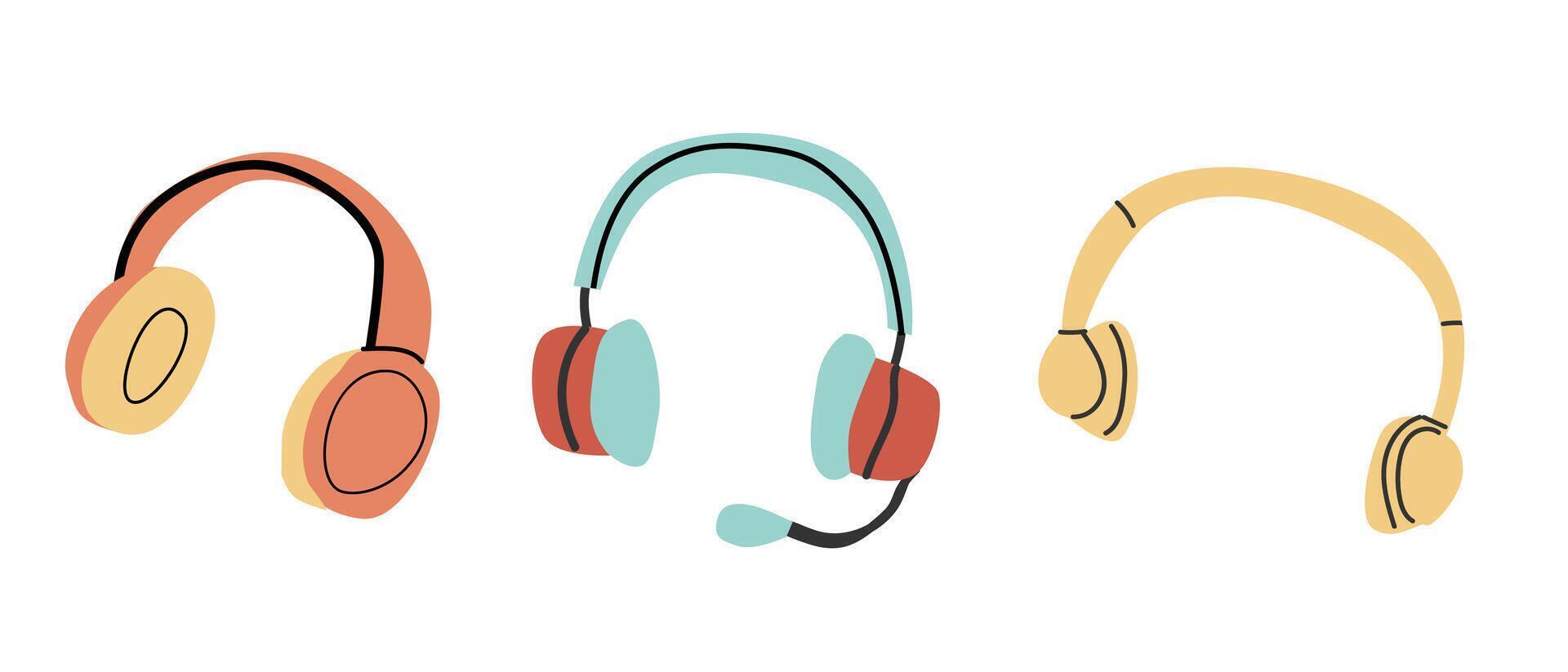 Hand drawn Various Headphones in flat style vector