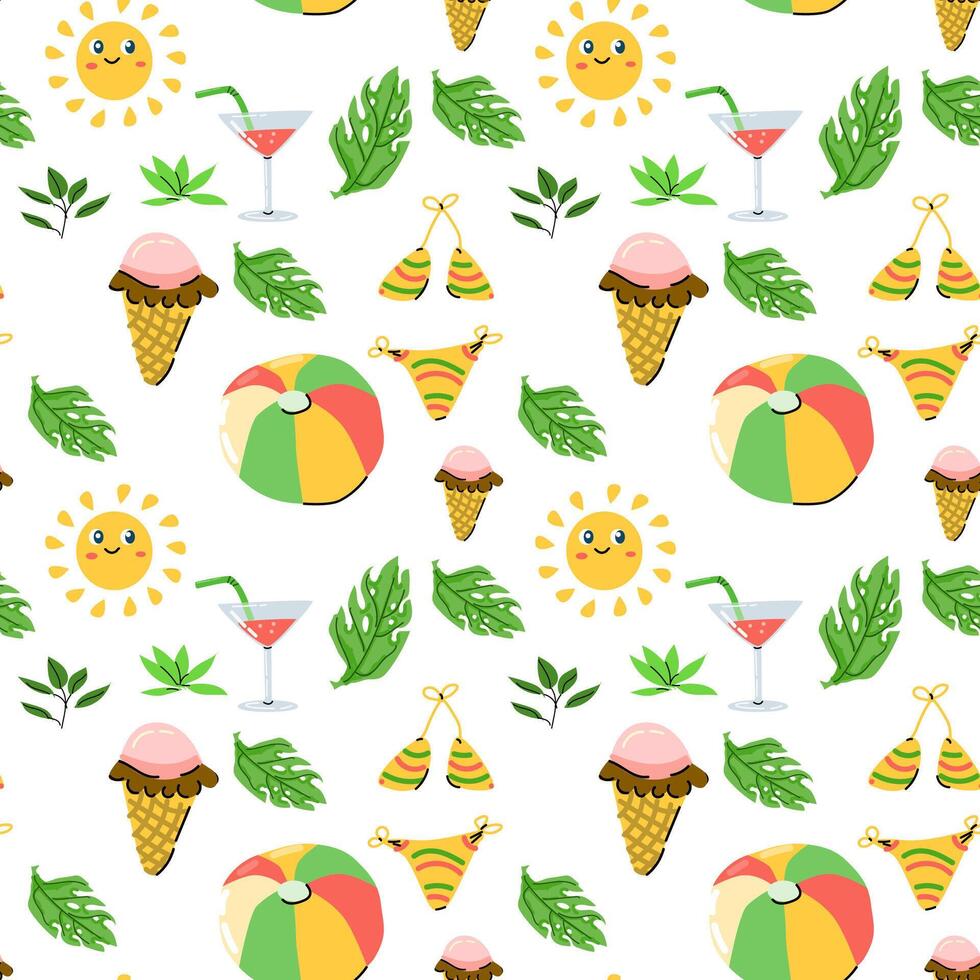 Summer hand drawn seamless background with beach elements vector