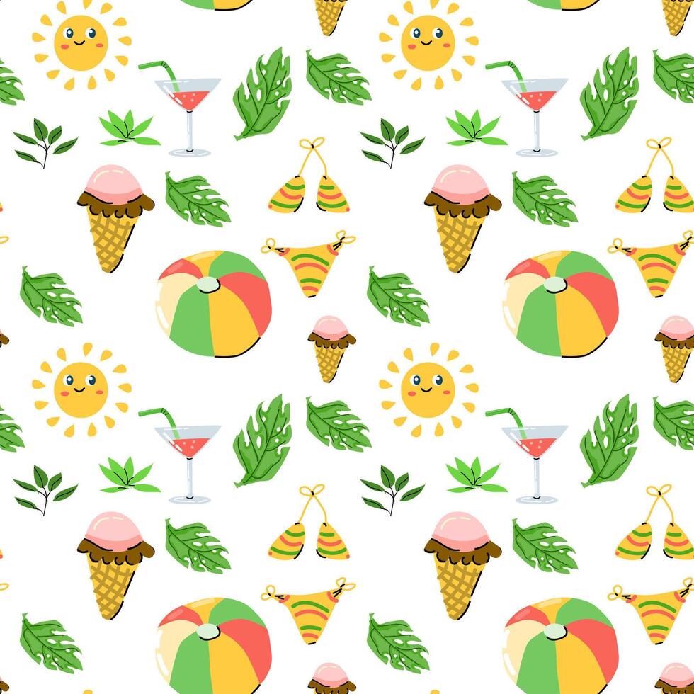 Summer hand drawn seamless background with beach elements vector