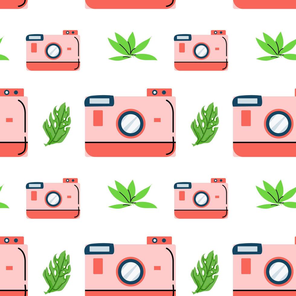 Summer pattern with camera and tropical leaves vector