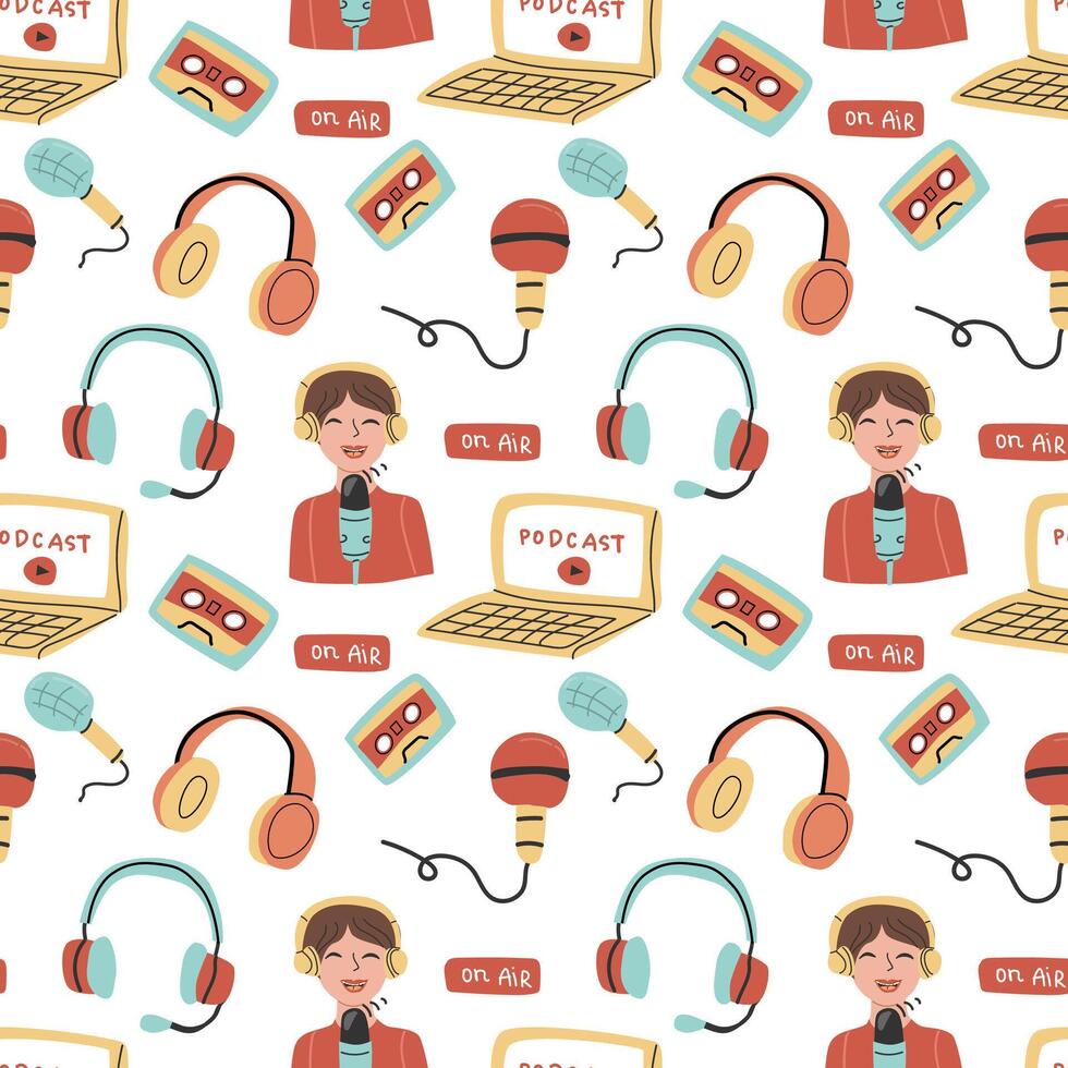 Podcast seamless pattern background with audio video elements isolated vector