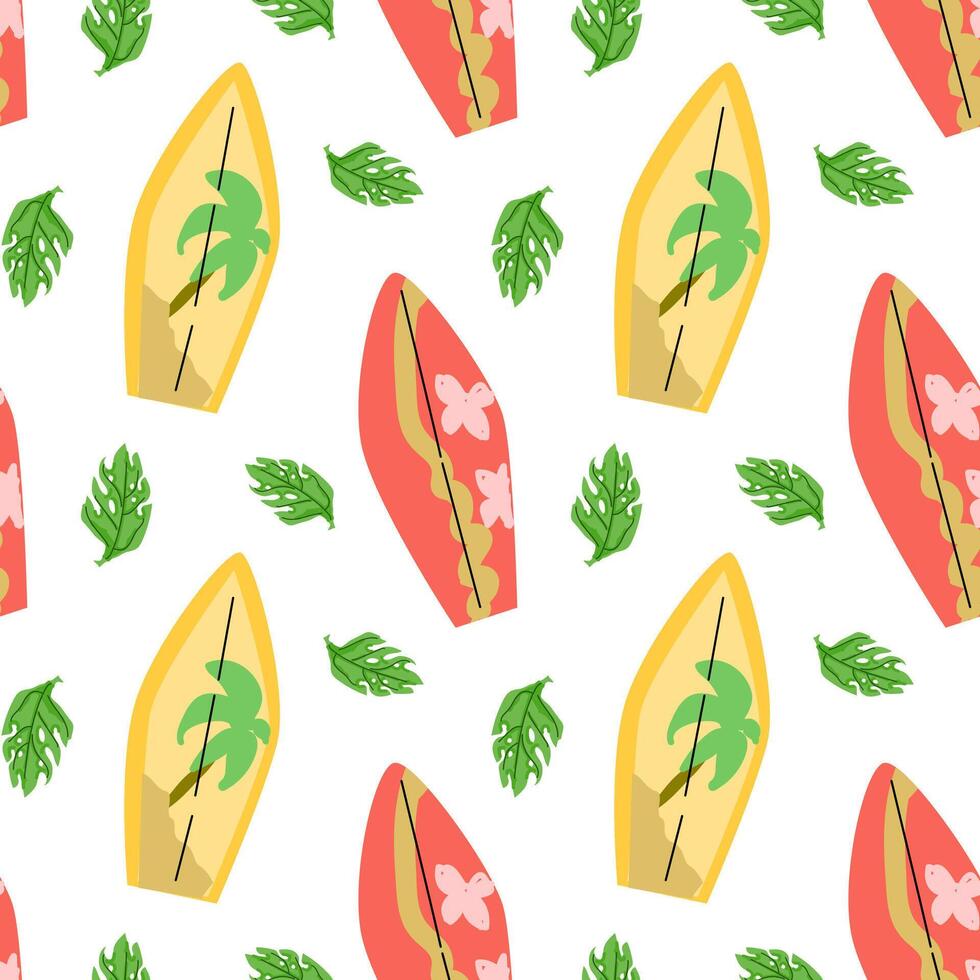 Summer beach equipment pattern with surfboard and monstera vector
