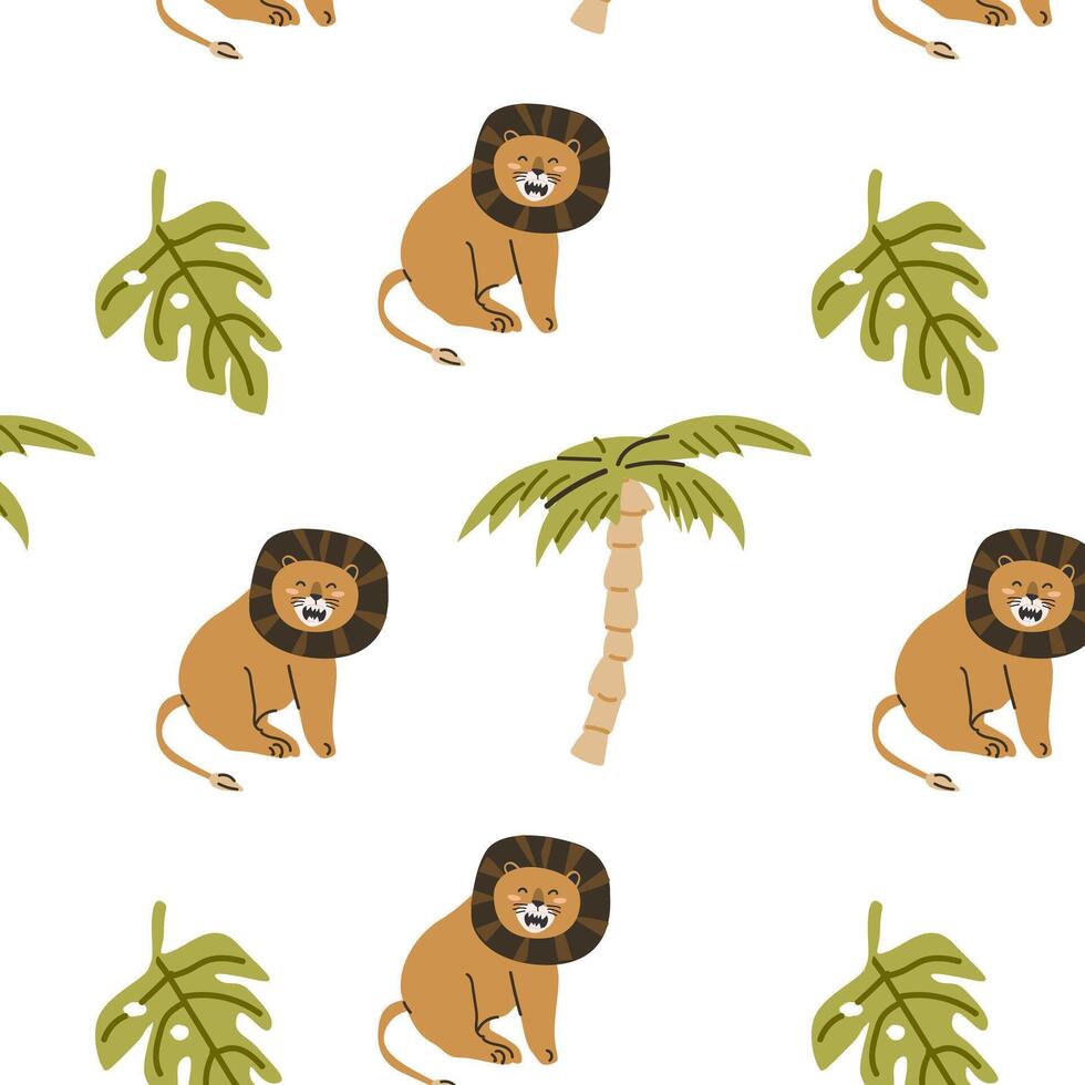 cute wild tropical animal lion and roar with tree seamless pattern vector