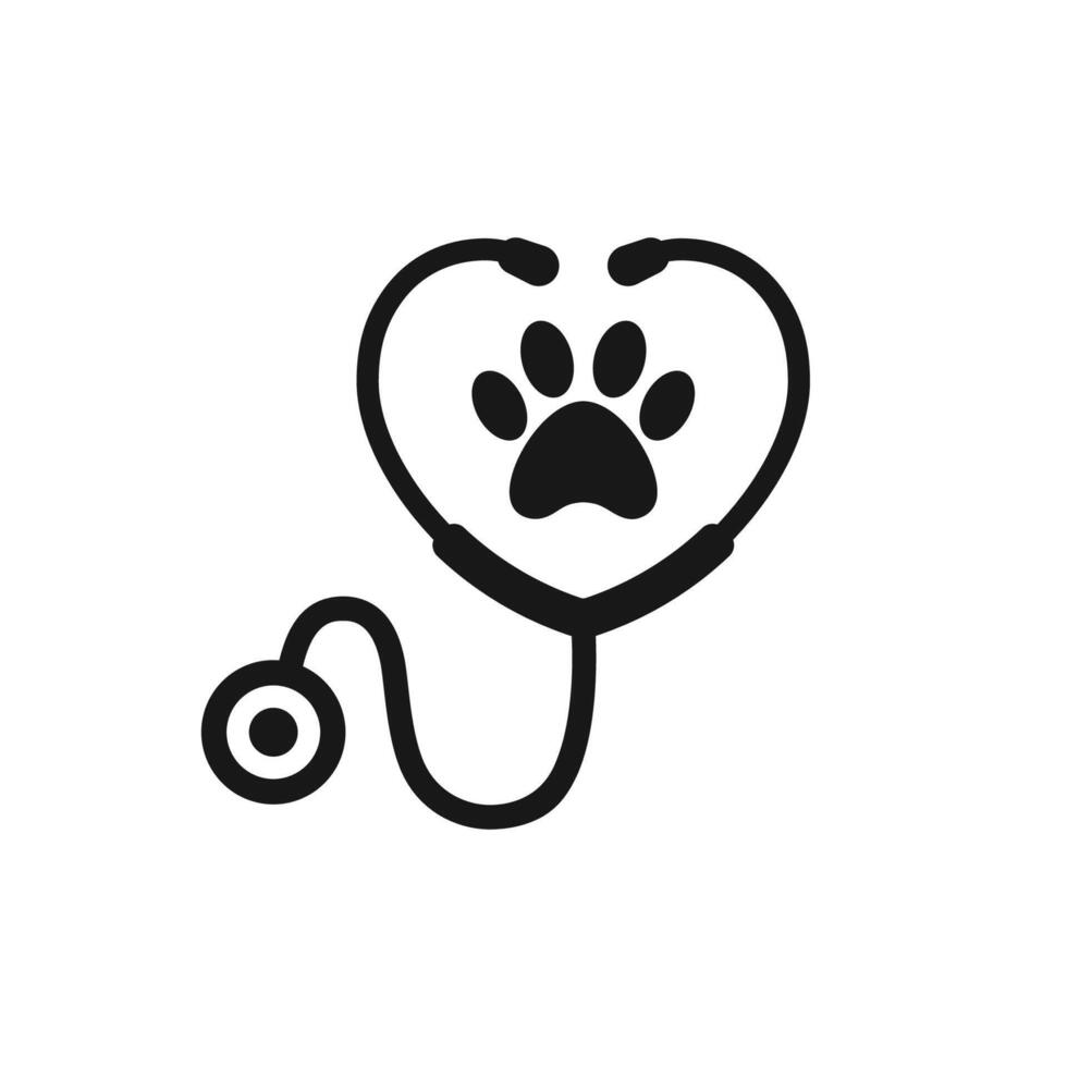 Stethoscope silhouette with animal paw print symbol. Pet, Dog, Cat health care service icon. Veterinary medicine logo, Vector illustration.