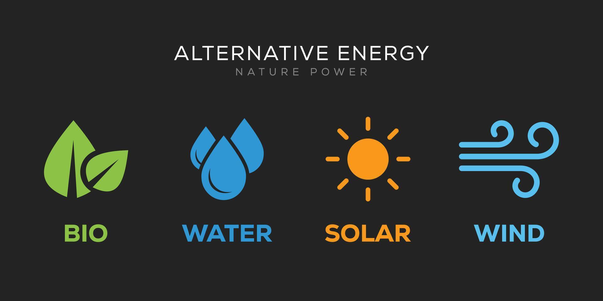 Alternative energy sources logo. Templates for renewable energy or ecology logos. Nature power symbols. Simple icons of alternative energy sources. vector