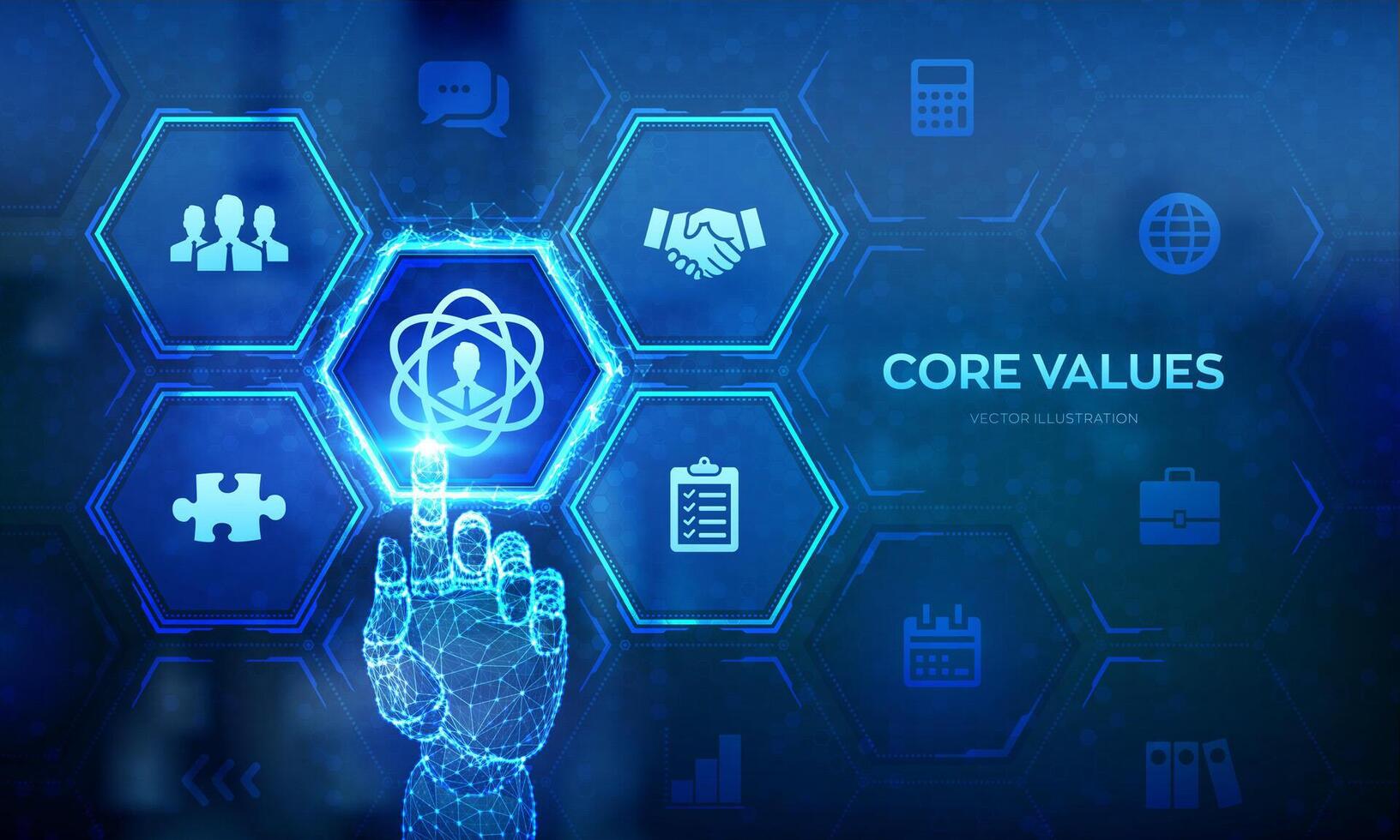 Core Values. Responsibility Ethics Goals Company business concept on virtual screen. Core values infographic. Wireframe hand touching digital interface. Vector illustration.