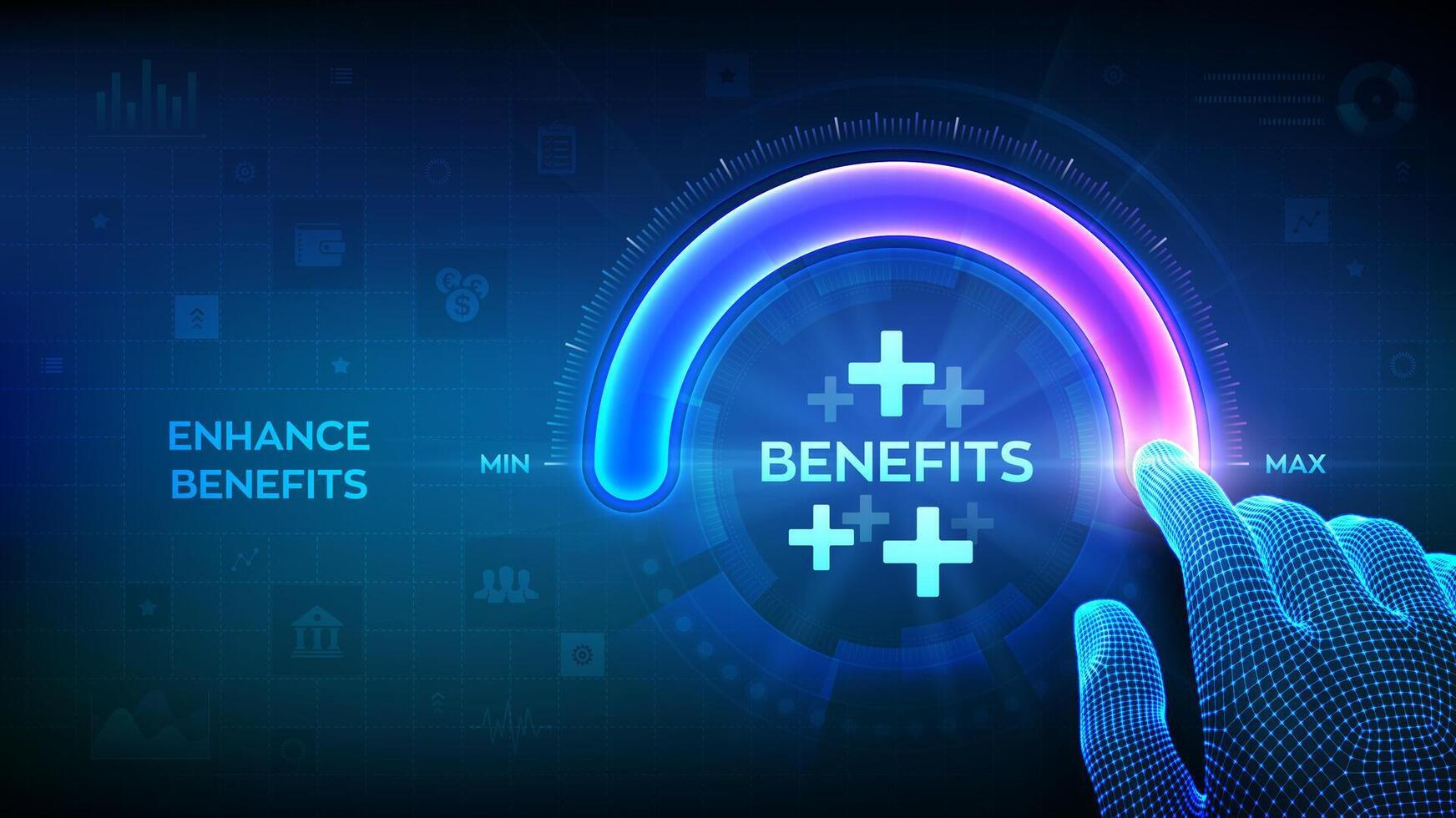 Employee benefits help to get the best human resources. Hand is pulling up to the maximum position circle progress bar with the benefit icon. Business for Profit, Benefit, health insurance. Vector. vector