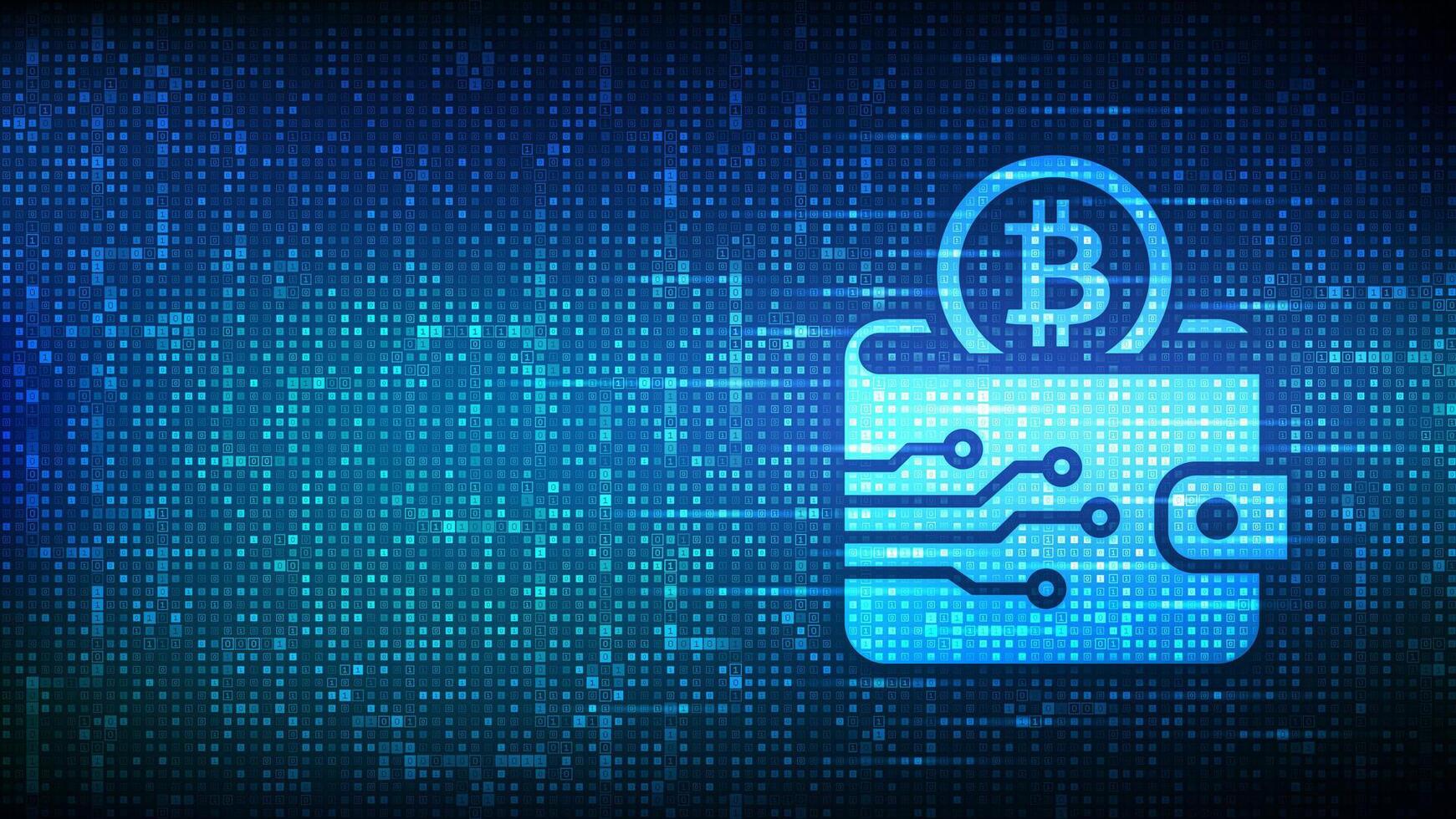 cripto billetera icono con bitcoin hecho con binario código. digital criptomoneda billetera. móvil bancario, en línea finanzas, blockchain bandera. binario código antecedentes con dígitos 1.0. vector ilustración.