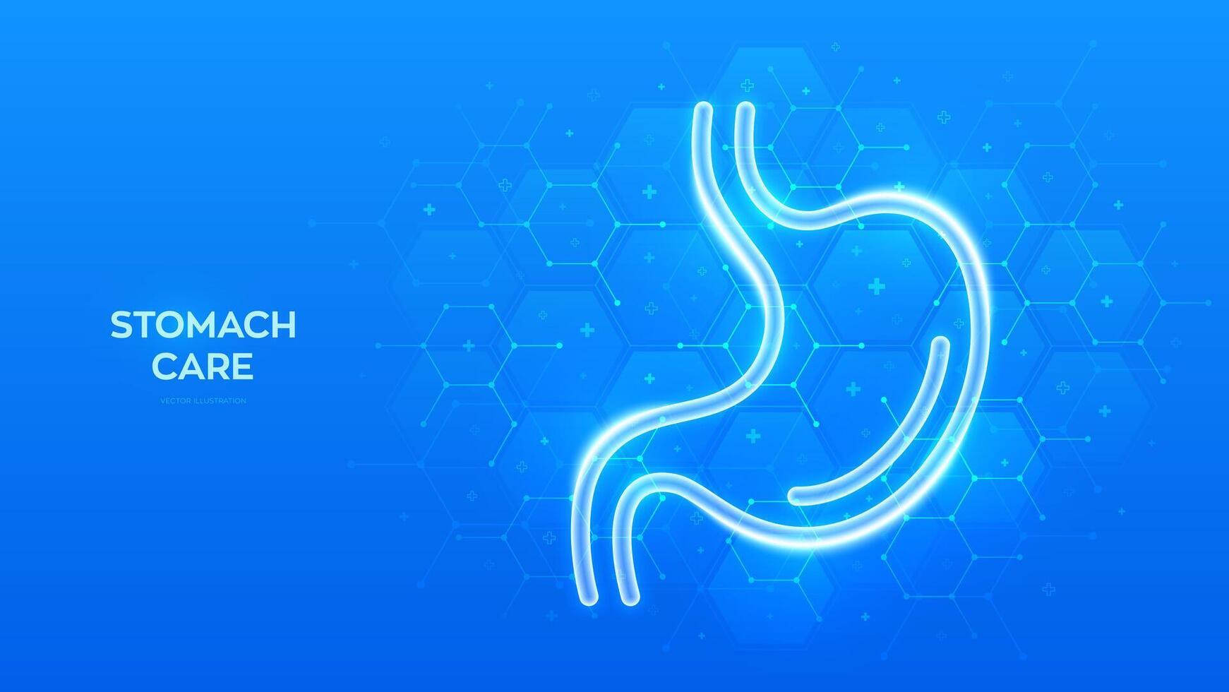 estómago cuidado. tratamiento de estómago y digestivo sistema enfermedades. estómago icono. gastroenterología clínica médico bandera. molecular estructura. azul médico antecedentes con hexágonos. vector ilustración.