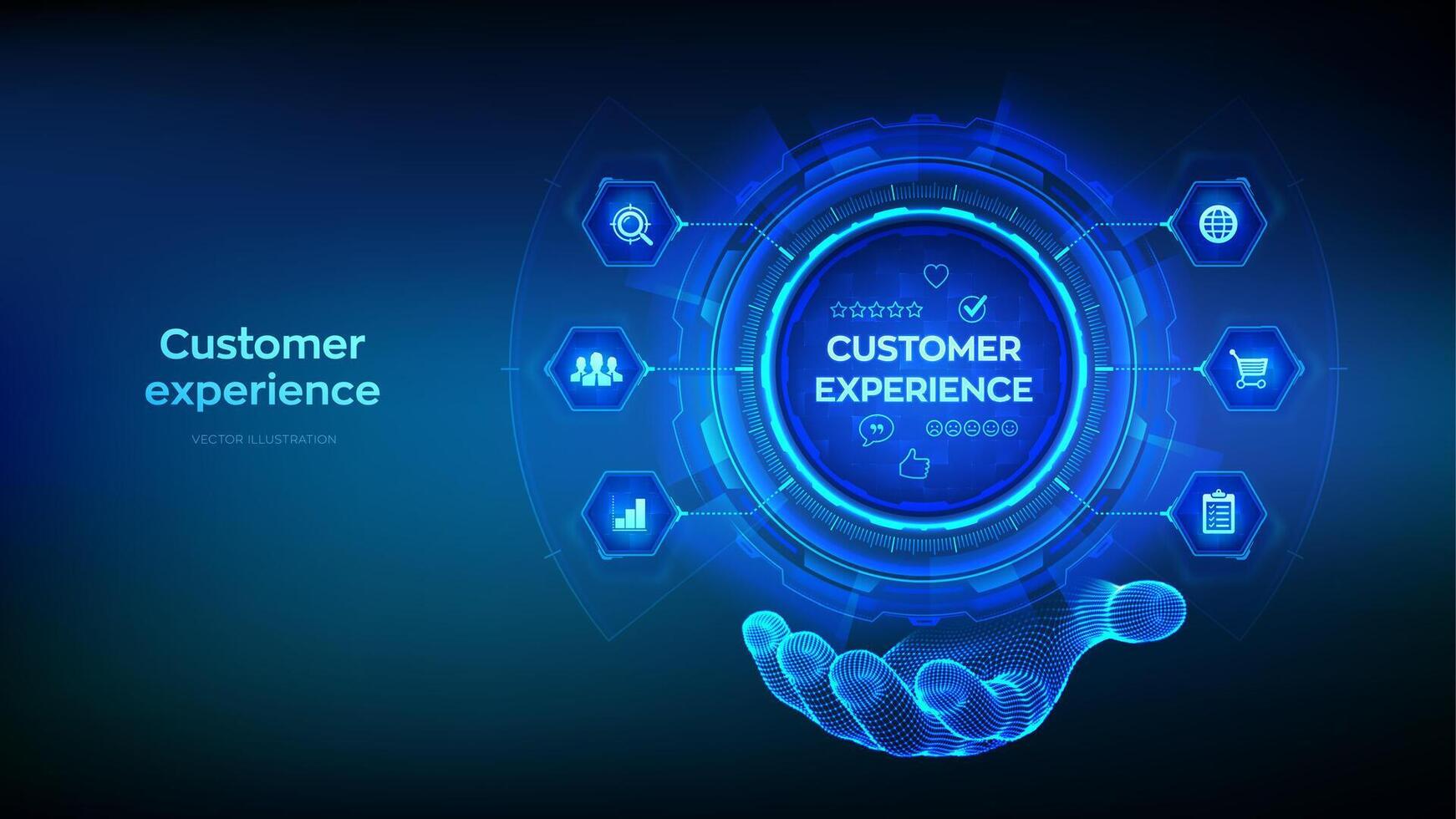 Customer Experience technology concept in wireframe hand. Customer Satisfaction Survey. Service experience rating online application. Satisfaction feedback review. Vector illustration.