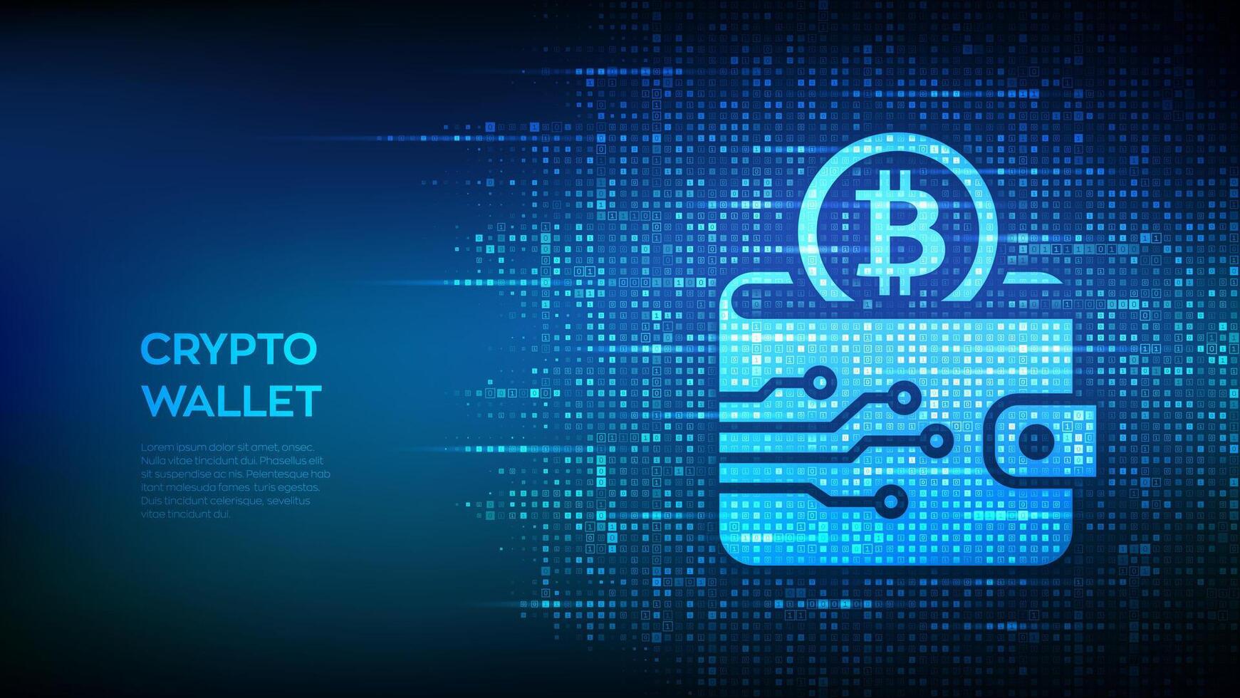 Crypto Wallet icon with Bitcoin made with binary code. Digital Cryptocurrency wallet. Mobile banking, online finance, blockchain banner. Binary code background with digits 1.0. Vector Illustration.