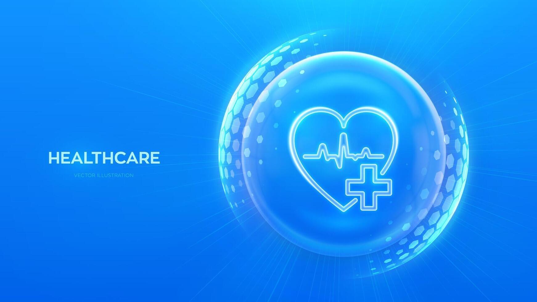 Healthcare. Health insurance. Heart with cross icon inside transparent protection sphere shield with hexagon pattern on blue background. Health Care and Medical services concept. Vector illustration.
