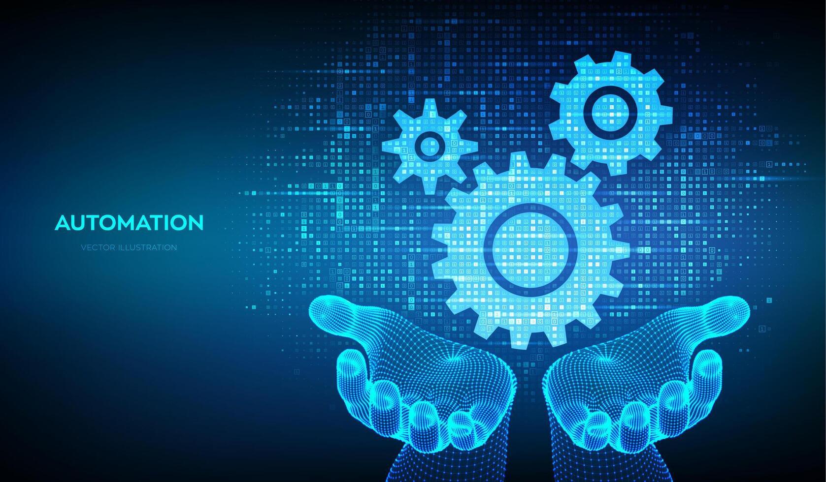 Automation and IOT software concept. Gears icons made with binary code in wireframe hands. Digital binary data and streaming digital code. Matrix background with digits 1.0. Vector Illustration.