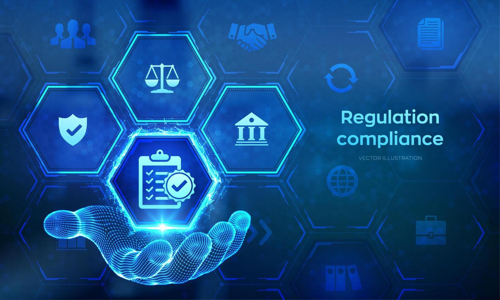regulación conformidad financiero controlar Internet tecnología concepto en virtual pantalla. conformidad reglas icono en estructura metálica mano. reg tecnología ley regulación política. vector ilustración.