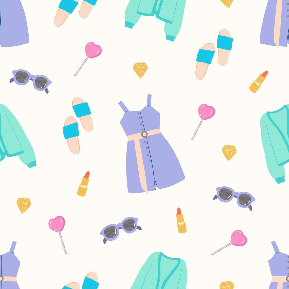 Seamless pattern with summer women clothes. Sundress, jacket, sandals, sunglasses. Cute girly design. Hand drawn vector illustration