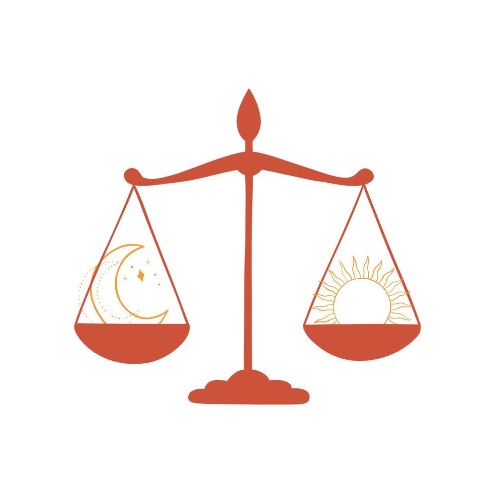 Illustration of a scales with moon and sun. Magic witchcraft. Astrological sign. Libra zodiac characteristic. Hand drawn vector boho design