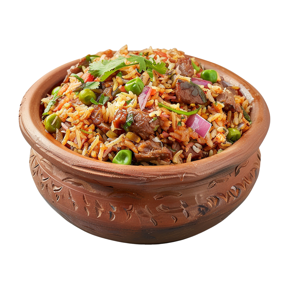 AI generated Delicious dum handi biryani in bowl isolated on transparent background png