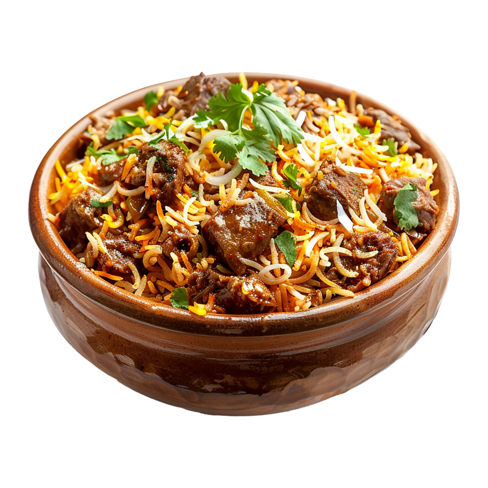 ai generado delicioso tonto handi Biryani en cuenco aislado en transparente antecedentes png