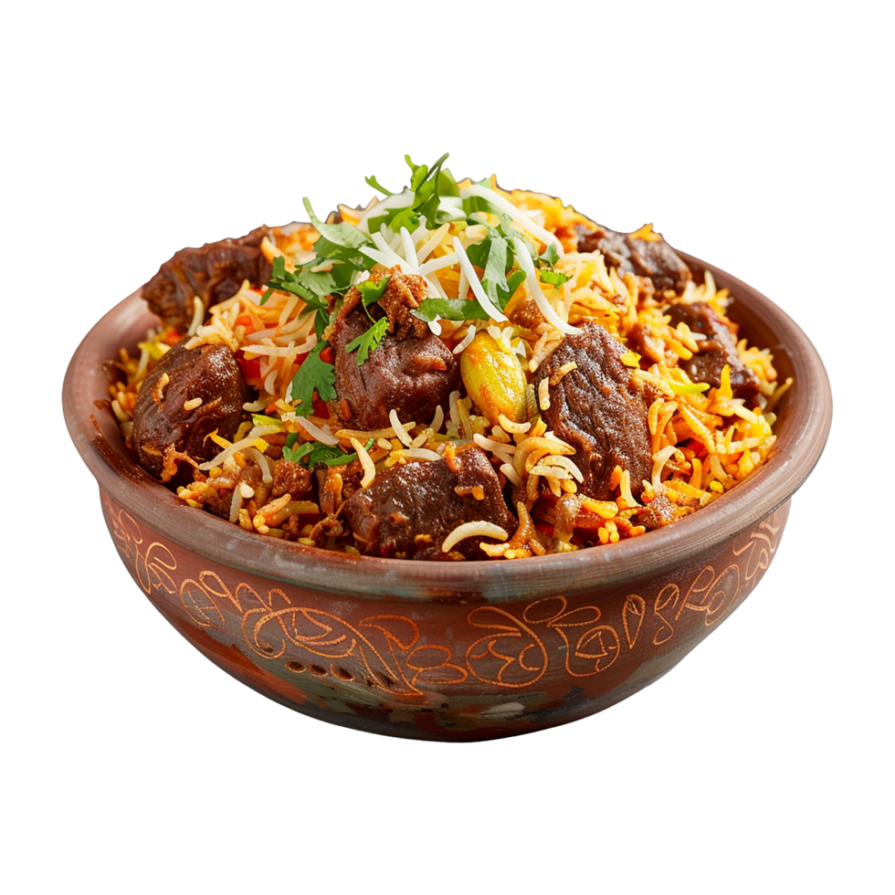 AI generated Delicious dum handi biryani in bowl isolated on transparent background png
