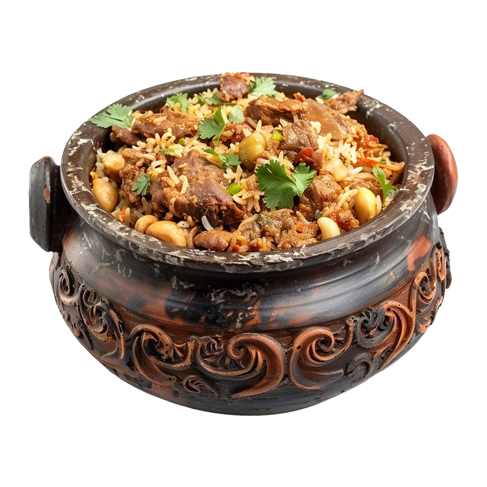 AI generated Delicious dum handi biryani in bowl isolated on transparent background png