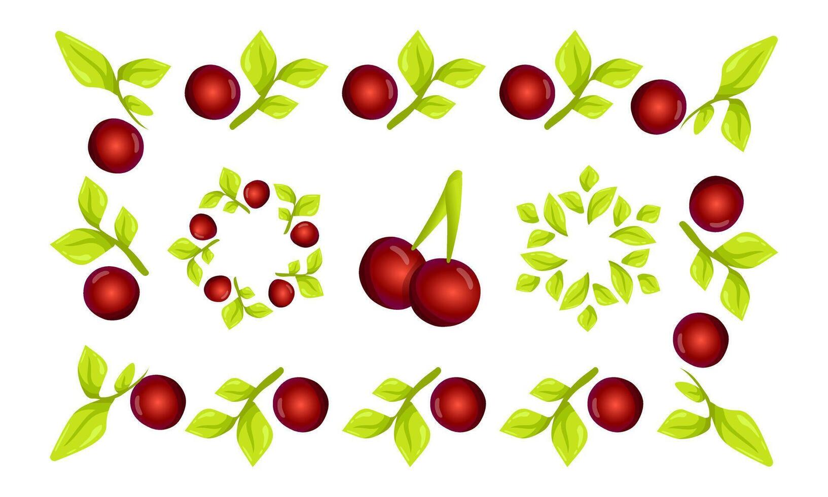 Natural frame with red cherry berry fruits and leaves. Green wreath template. Natural design. vector