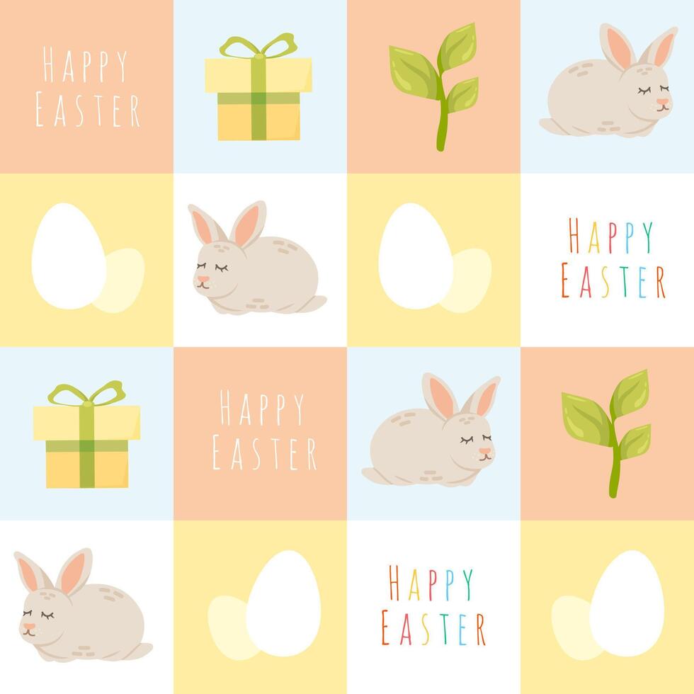 Easter holiday celebration design. Doodle seamless pattern with cute bunny and eggs. Simple hand drawn square tile design. Easter kitchen tablecloth fabric print template. vector