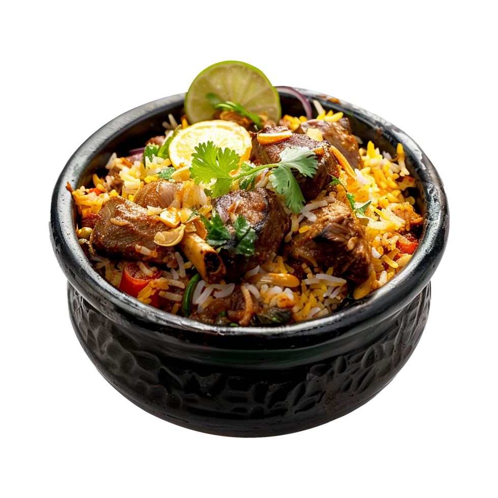 ai gerado delicioso dum handi Biryani dentro tigela isolado em transparente fundo png