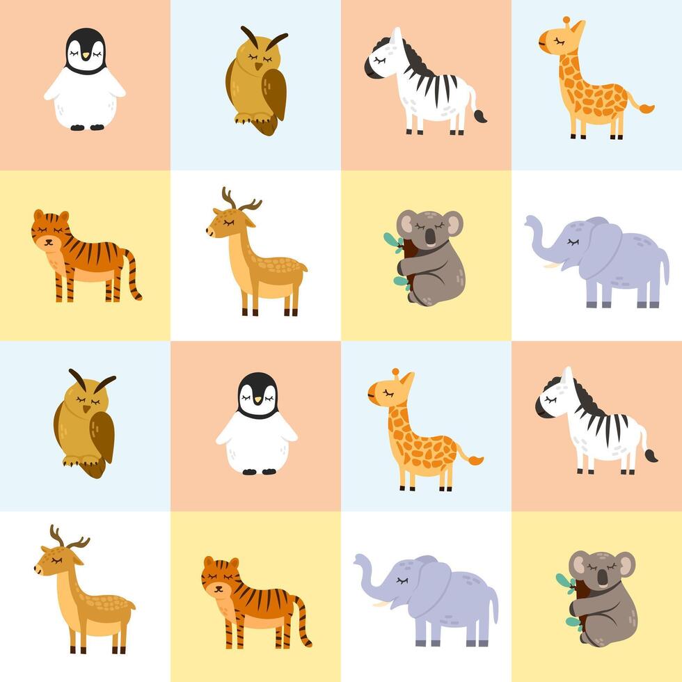 Cute seamless pattern with wild african animals. Doodle hand drawn childish characters. Nursery fabric print template or baby room vector poster, wallpaper design.