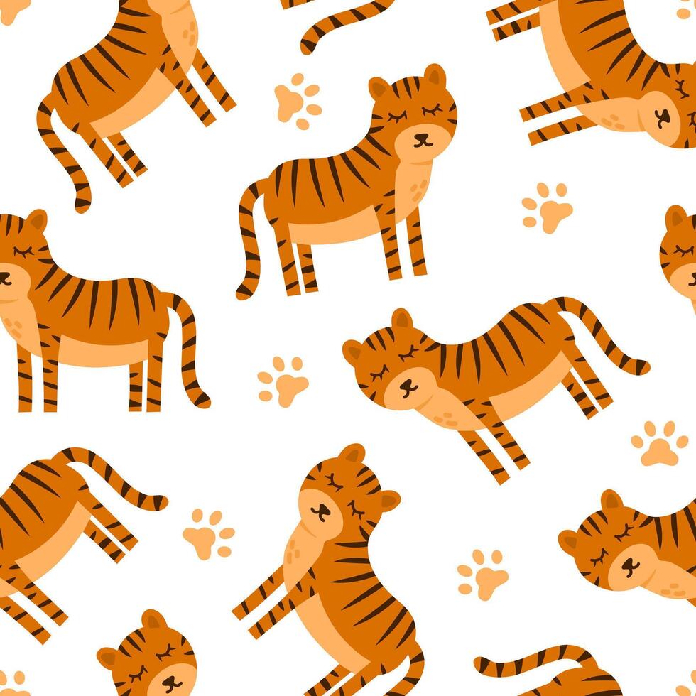 Animal cartoon seamless pattern with tiger. Colorful vector wild cat illustration. Simple animal safari print isolated on white background.