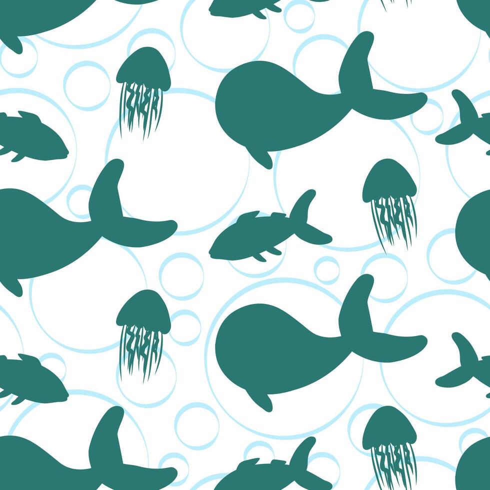 Nautical abstract seamless pattern with whale, doodle hand drawn sea animal, simple vector clothing print, nursery fabric print or wallpaper template.