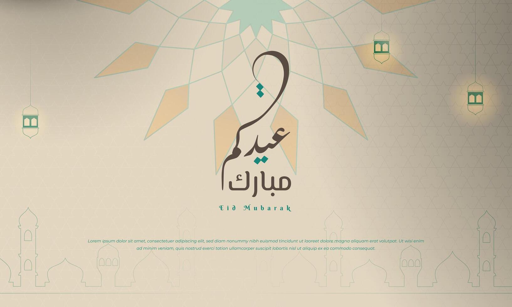 Islamic background with mandala and mosque design for eid mubarak. Arabic text mean is eid mubarak. vector